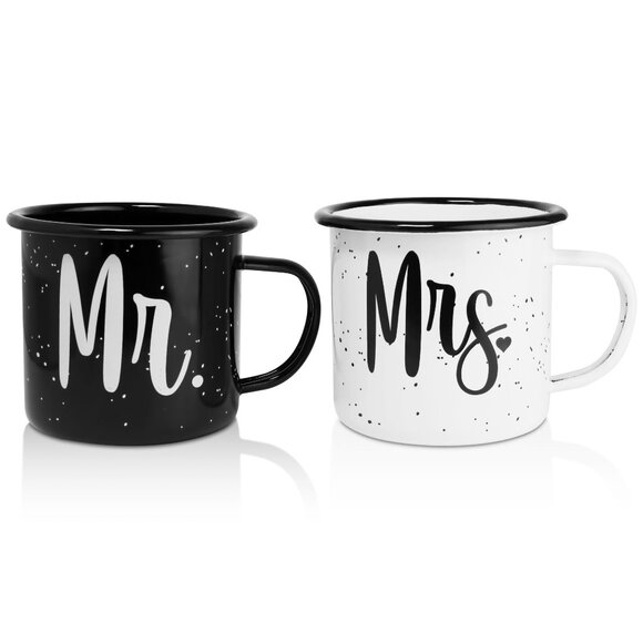 Mr and Mrs Mugs - Stainless Steel Enamel Coated Campfire Coffee Mugs with Gift B - Picture 2 of 2